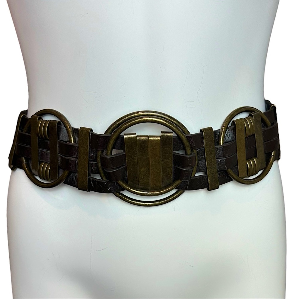 Metal Brass Rings & Woven Leather Stretch Belt Size Medium M 29”-31”